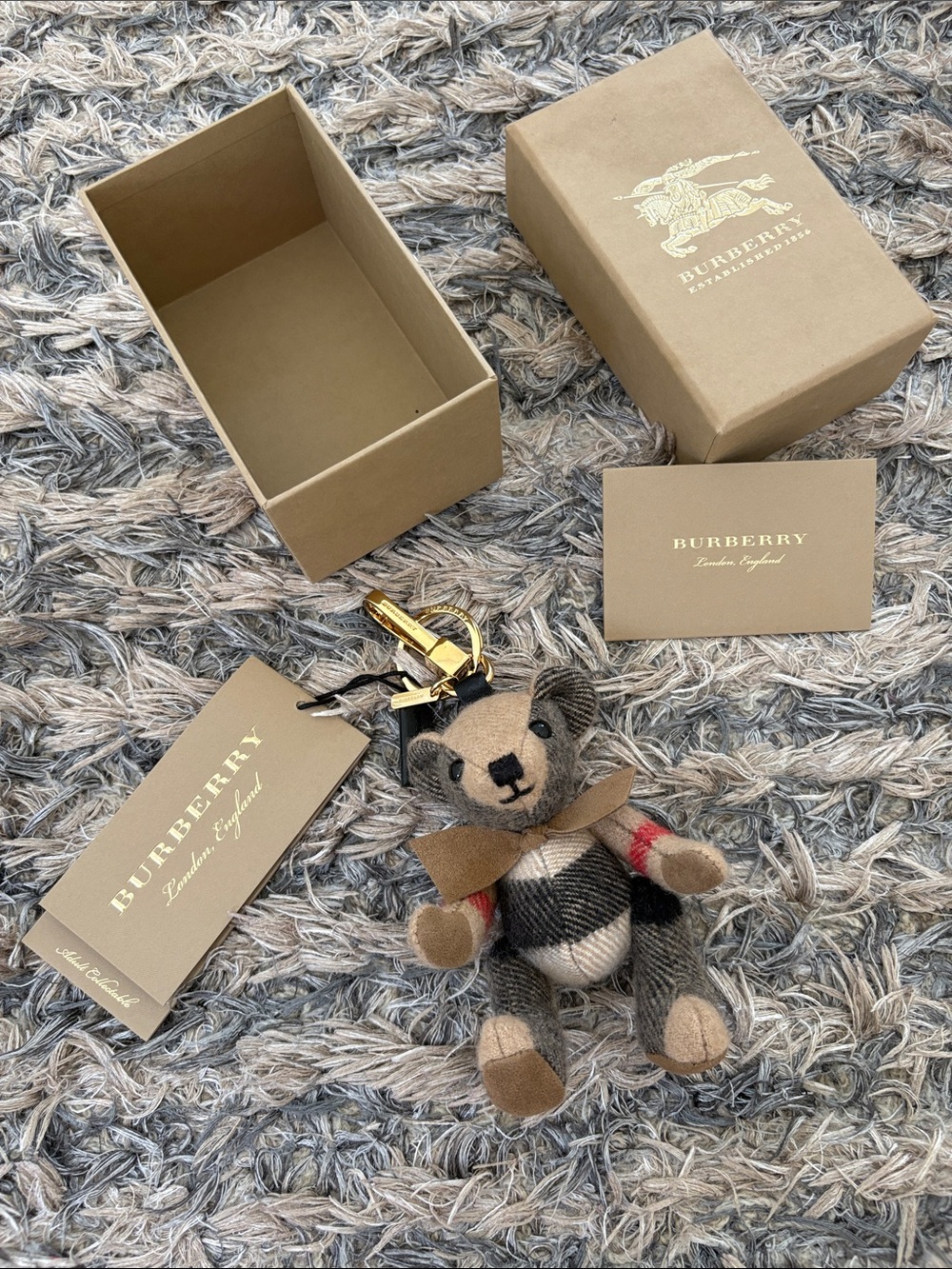 New! Burberry Thomas Bear Bag Charm Keyring - Stone Check with Box